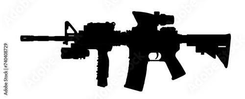 Silhouette image of AR assault rifle weapon with red dot sign and accessories isolated on white background photo