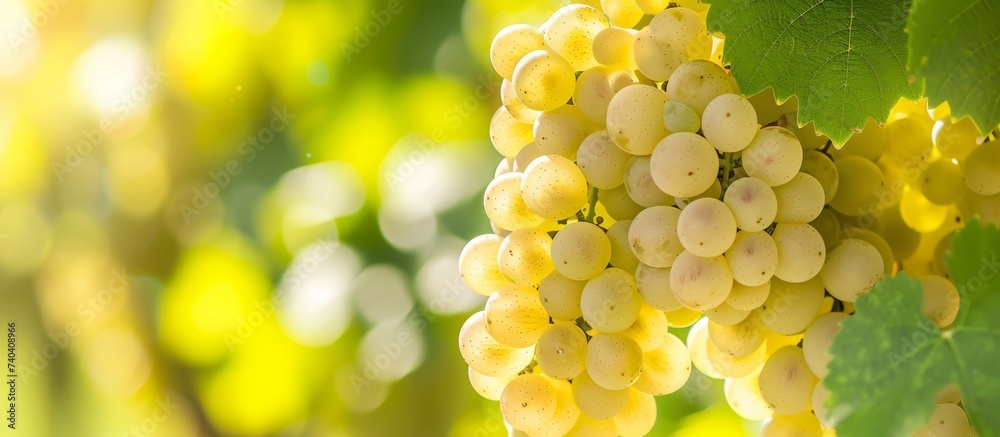 Fototapeta premium Ripe White Grapes Hanging on Lush Green Grapevine in the Vineyard