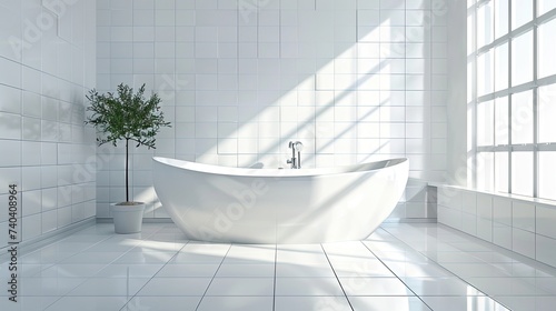 A bright bathroom with a pure white bathtub and empty tile floor