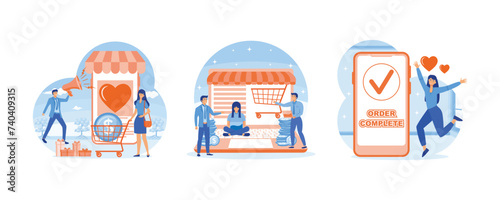 Order confirmation concept. Online payment. Woman shows successful purchase in online store. Set flat vector modern illustration  photo