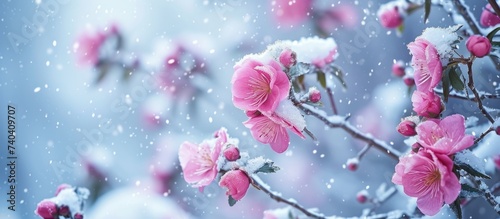 Magenta petals of pink flowers are frozen in place on a tree branch, creating a beautiful contrast between the delicate blooms and the icy snow