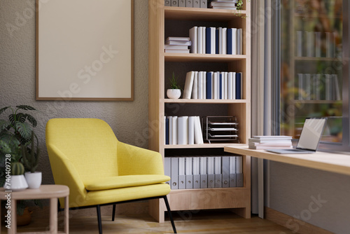 A modern living room with a yellow armchair, a wooden bookshelf, and a table against the window.