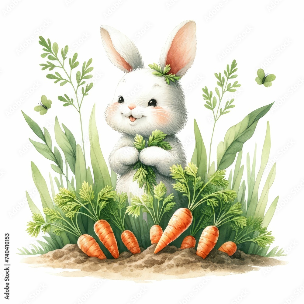 Easter Bunny with a garden full of carrots. watercolor illustration. easter day season clipart.
