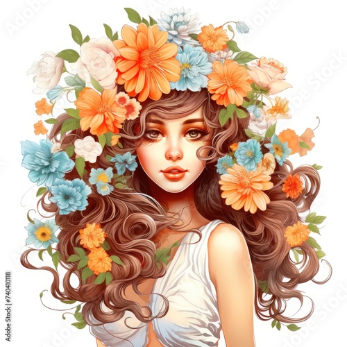 Woman With Long Hair and Flowers in Her Hair © Boomanoid