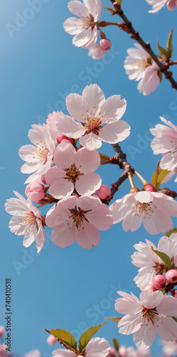 Beautiful cherry blossoms against a blue morning sky background.