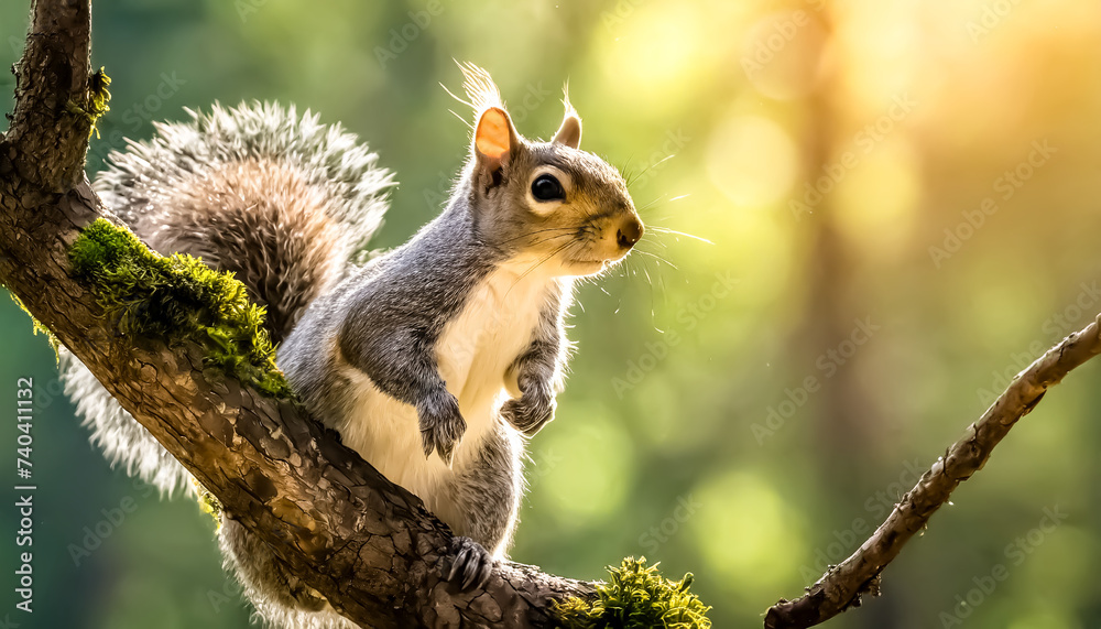 Curious squirrel on a tree branch - obrazy, fototapety, plakaty 