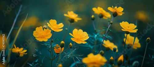 Glowing yellow flowers in the mysterious darkness of night with stunning beauty of nature