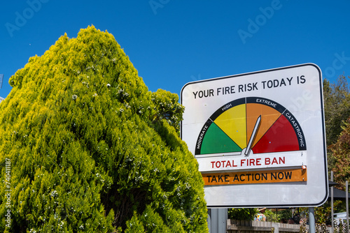 A sign of updating fire danger rating with the arrow pointing at 'extreme',  each rating levels suggest taking action to protect yourself and others in the face of bushfire risk in Australia.