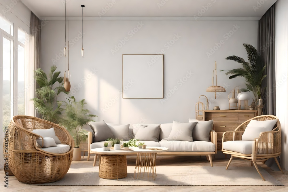 Home interior mock-up with rattan furniture, table and decor in living room, 3d render Home interior mock-up with rattan furniture, table and decor in living room, 3d render