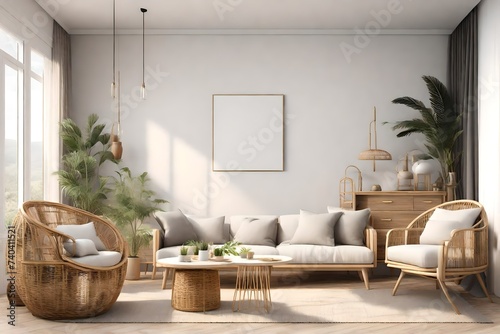 Home interior mock-up with rattan furniture, table and decor in living room, 3d render photo