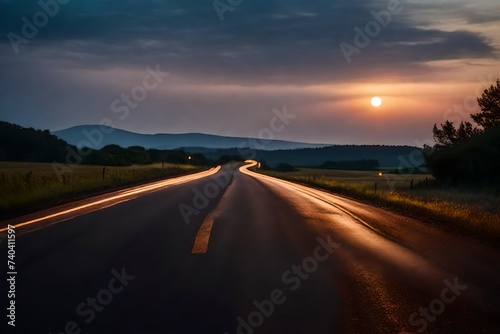 Evening light, a flat, large asphalt road stunning sky at twilight. High quality photo