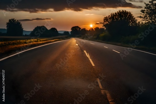 Evening light  a flat  large asphalt road stunning sky at twilight. High quality photo