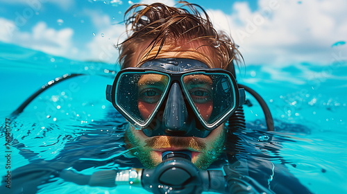 Scuba diver submerged in water, wearing a diving mask and snorkel, looking at the camera. photo