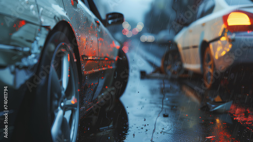 Rain-soaked street scene of a car accident at night with city lights blurred in the background. 