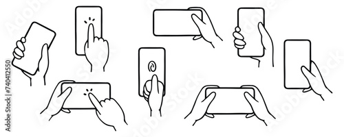 Vector illustration. Set of hand gestures expressions with, hands holding and touching to mobile phone, outline strokes, isolated elements.