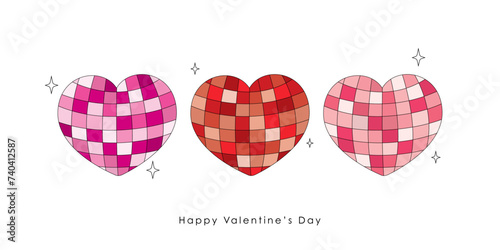 Happy Valentine's Day greeting card with super cute disco ball in heart shaped. Love holidays banner in retro style.