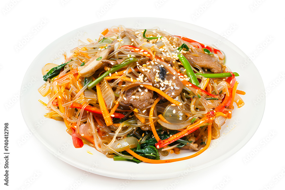Japchae served on a plate isolated on white background

