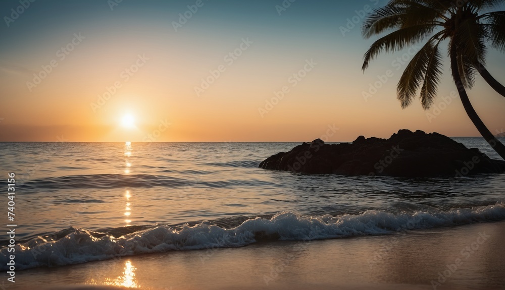 a sunset over the ocean with a beach and palm trees. Generative AI.
