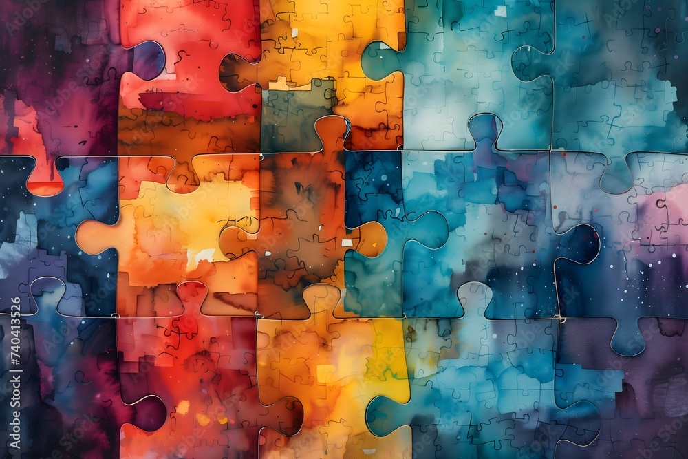 Colorful Abstract Jigsaw Puzzle Pieces with Watercolor Effect - obrazy, fototapety, plakaty 