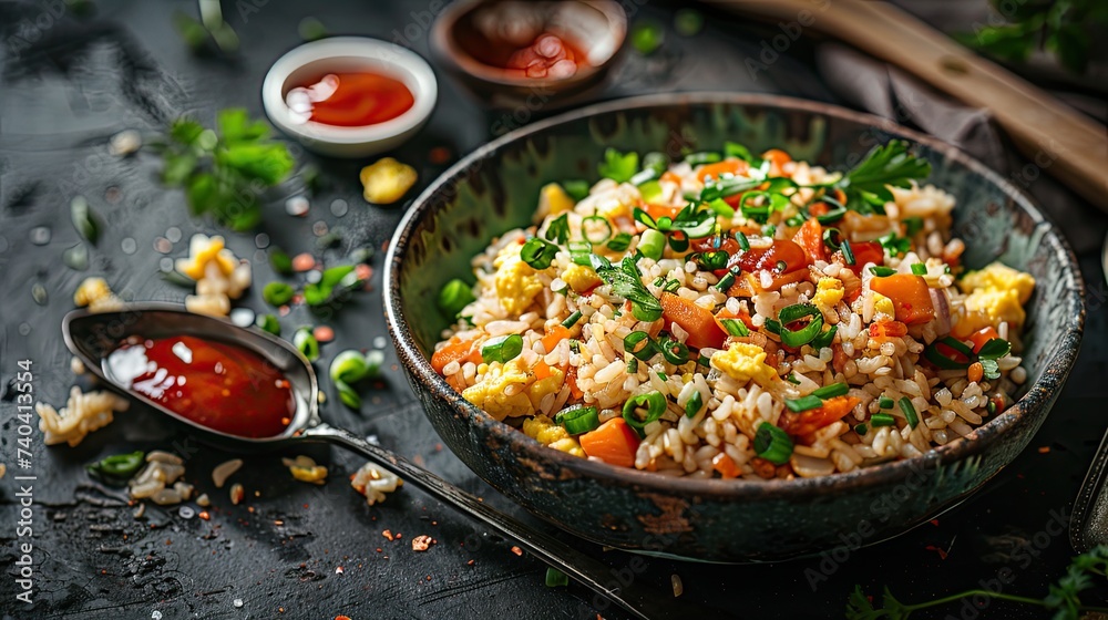 A delicious and tasty photograph of egg fried rice with ketchup, styled in a fresh and bright way, with fresh colors and a focus on the minimal beauty of the dish. Beatrice Peltre style A delicious and tasty photograph of egg fried rice with ketchup, styled in a fresh and bright way, with fresh colors and a focus on the minimal beauty of the dish. Beatrice Peltre style