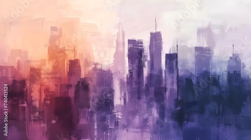 Dreamy Abstract Cityscape in Purple and Orange Hues with Brush Stroke Textures