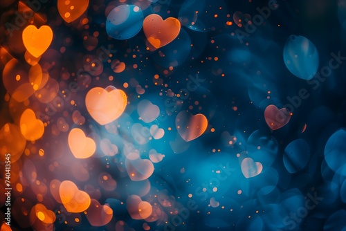 Heart Bokeh Lights on Deep Blue Background, Perfect for Valentine's Day