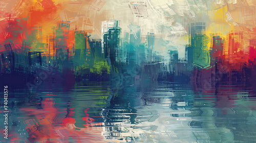 Abstract Cityscape Reflection Painting with Vibrant Brush Strokes © FHL