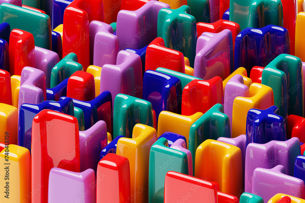 Obraz premium 3D illustration volumetric colorful cubes. Parallelogram pattern. Technology geometry neon background