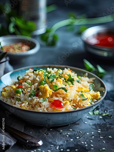 A delicious and tasty photograph of egg fried rice with ketchup, styled in a fresh and bright way, with fresh colors and a focus on the minimal beauty of the dish. Beatrice Peltre style