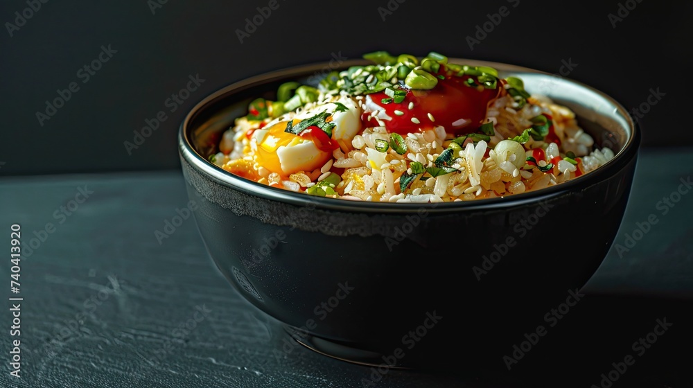 A delicious and tasty photograph of egg fried rice with ketchup, styled in a fresh and bright way, with fresh colors and a focus on the minimal beauty of the dish. Beatrice Peltre style A delicious and tasty photograph of egg fried rice with ketchup, styled in a fresh and bright way, with fresh colors and a focus on the minimal beauty of the dish. Beatrice Peltre style
