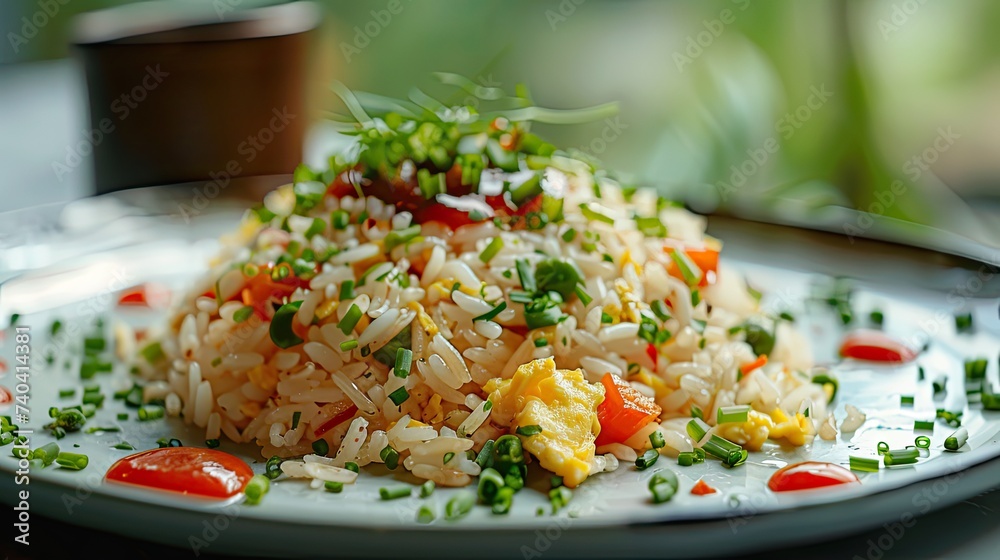 A delicious and tasty photograph of egg fried rice with ketchup, styled in a fresh and bright way, with fresh colors and a focus on the minimal beauty of the dish. Beatrice Peltre style A delicious and tasty photograph of egg fried rice with ketchup, styled in a fresh and bright way, with fresh colors and a focus on the minimal beauty of the dish. Beatrice Peltre style
