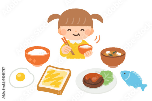ご飯を食べる子供と食事のイラスト素材