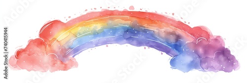 Whimsical watercolor painting of a rainbow arching across a soft pastel sky  flanked by delicate  blush-colored clouds sprinkled with specks of white  conveying a sense of peace and joy