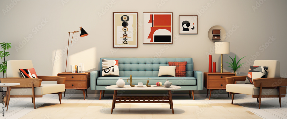 A Scandinavian living room with a mid-century modern twist, featuring iconic furniture pieces, clean lines, and bold patterns. A Scandinavian living room with a mid-century modern twist, featuring iconic furniture pieces, clean lines, and bold patterns.