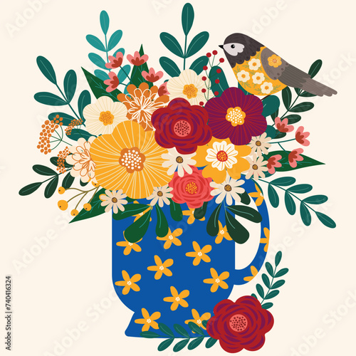adorable bird in spring wild flowers bouquet in tea cup hand drawn clipart vector for invitation greeting birthday party celebration wedding card poster banner textile wallpaper paper wrap background