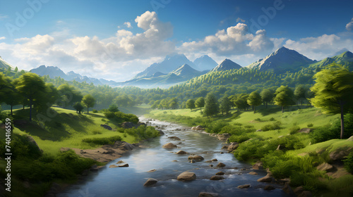 Ethereal Wilderness: An Enchanting Dance of Forest, River, and Mountains Under the Azure Sky