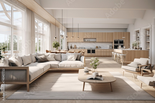 A Scandinavian living room with an open floor plan  seamlessly connecting the living area with the dining space and kitchen  promoting a sense of togetherness and social interaction.