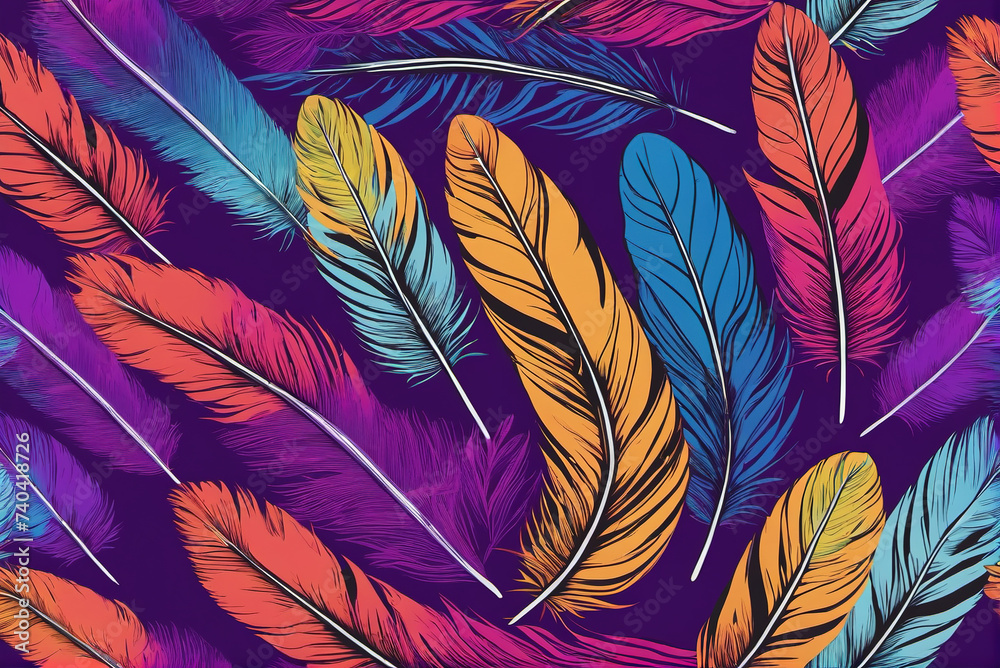 Close-up of colorful feathers on purple background