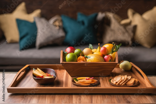 Wooden tray full of fruits and vegetables on the grass in the garden