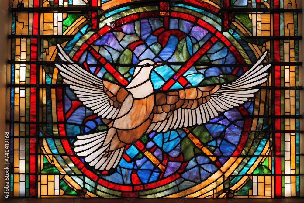 Doves composed of stained glass windows in religious church Doves composed of stained glass windows in religious church
