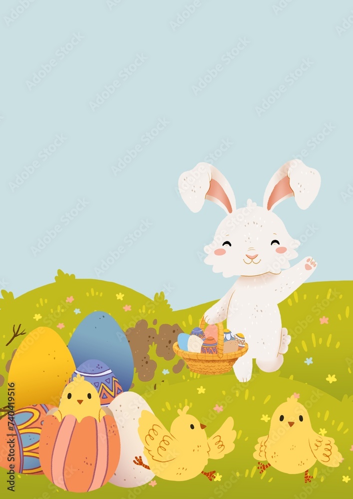 Easter cartoon white spring bunny illustration with background. Cute easter character. Transparent background. Postcard template Easter cartoon white spring bunny illustration with background. Cute easter character. Transparent background. Postcard template