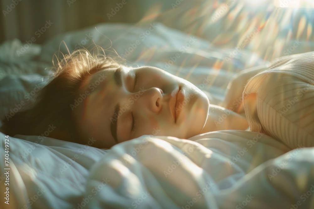 Beautiful young woman sleeps in a comfortable bed ,Sunbeam of dawn on her face,hinting at a new day brimming with possibilities.