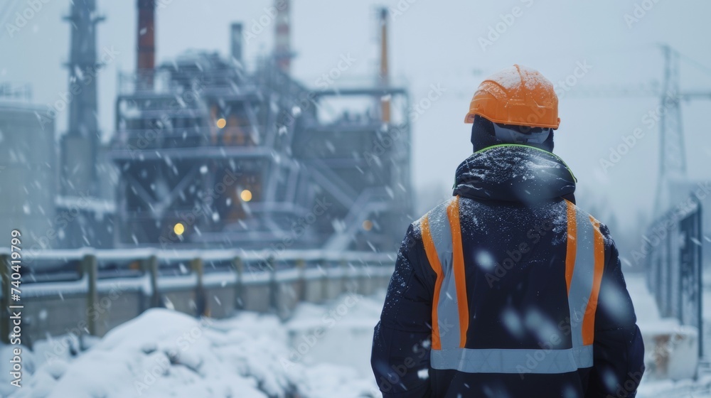 A lone engineer, architect, and worker stand in awe, hard hats dusted with snow, their breaths visible in the crisp air. A serene moment of harmony between industry and nature unfolds. A lone engineer, architect, and worker stand in awe, hard hats dusted with snow, their breaths visible in the crisp air. A serene moment of harmony between industry and nature unfolds.