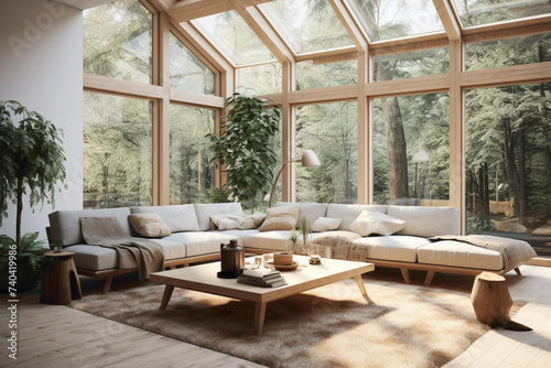 A Scandinavian living room with a focus on natural light and nature-inspired elements, featuring large windows, indoor plants, and organic materials, evoking a connection to the outdoors. © Tae-Wan