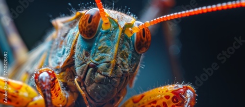A closeup of a grasshoppers face, showcasing its intricate mouthparts and eyes against a black background