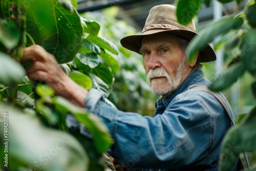 Senior man working in a greenhouse and his gaze reflecting years of experience and enduring love for the earth.