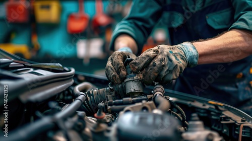 Candid photo of a car mechanic repairing and fixing engine cylinder of a car in the garage. copy space for text.