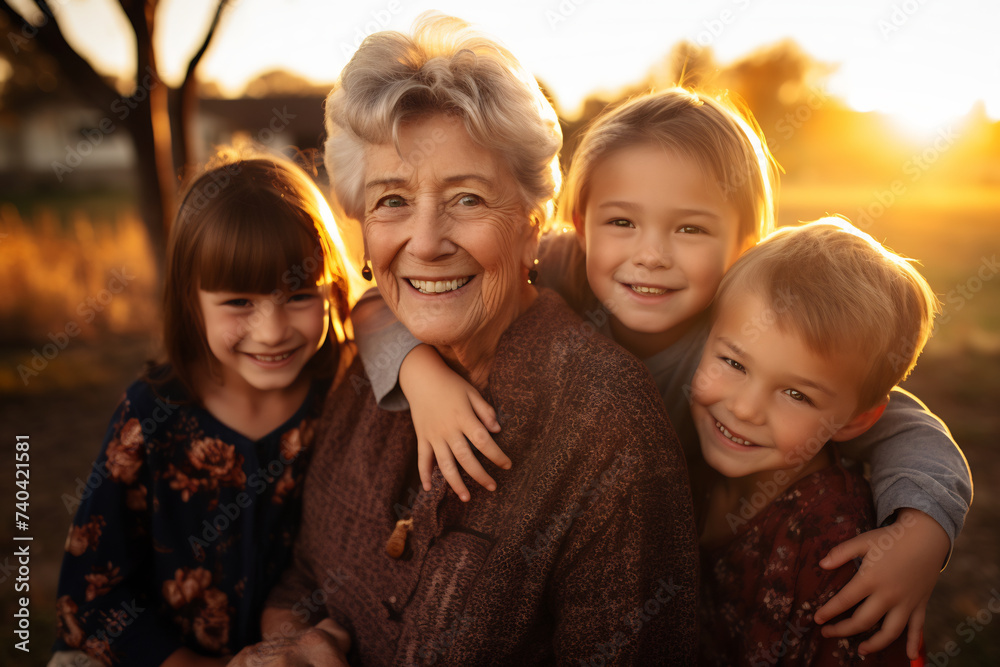 Joyful Grandmother Embracing Her Grandchildren in a Warm Sunset Glow, Cherished Moments and Family Bonding