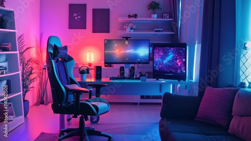 Modern computer desk and comfortable gamer chair in neon light.  photo
