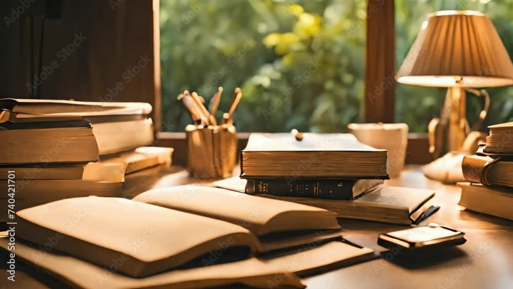 illustration of a peaceful study environment, bathed in the warm glow of summer